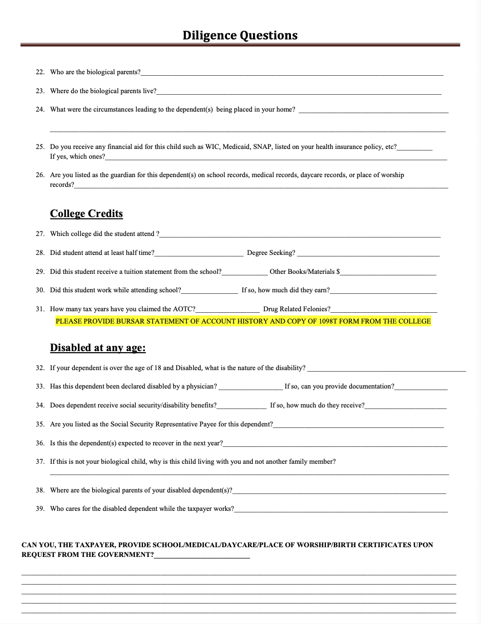 Diligence questions page 2 example ProAdvisor CPA